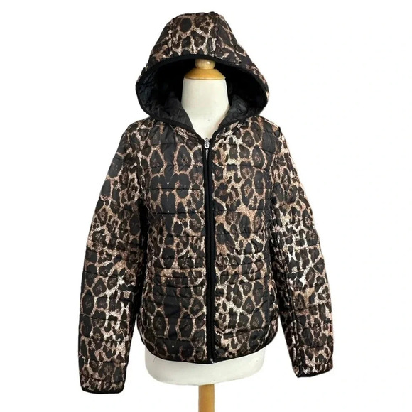 Dressbarn M‎ black + leopard print reversible hooded puffer jacket with pockets - Picture 2 of 8